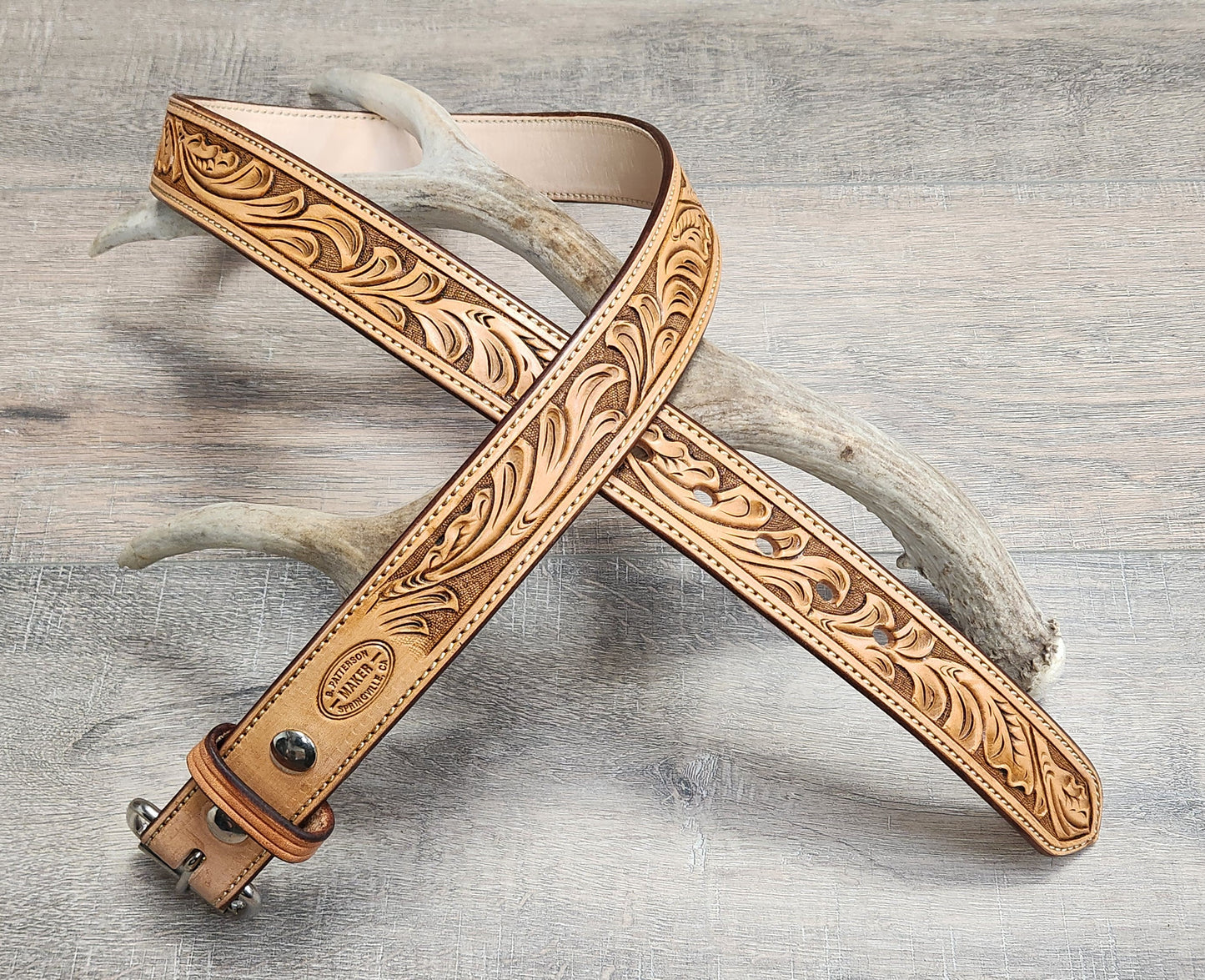 Floral Tooled Belt with Light Tan Finish - Size 39