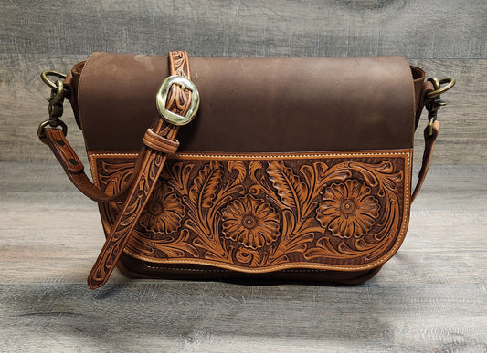 Woman's Leather Purse/Handbag with Floral Tooling in a Medium Brown Finish